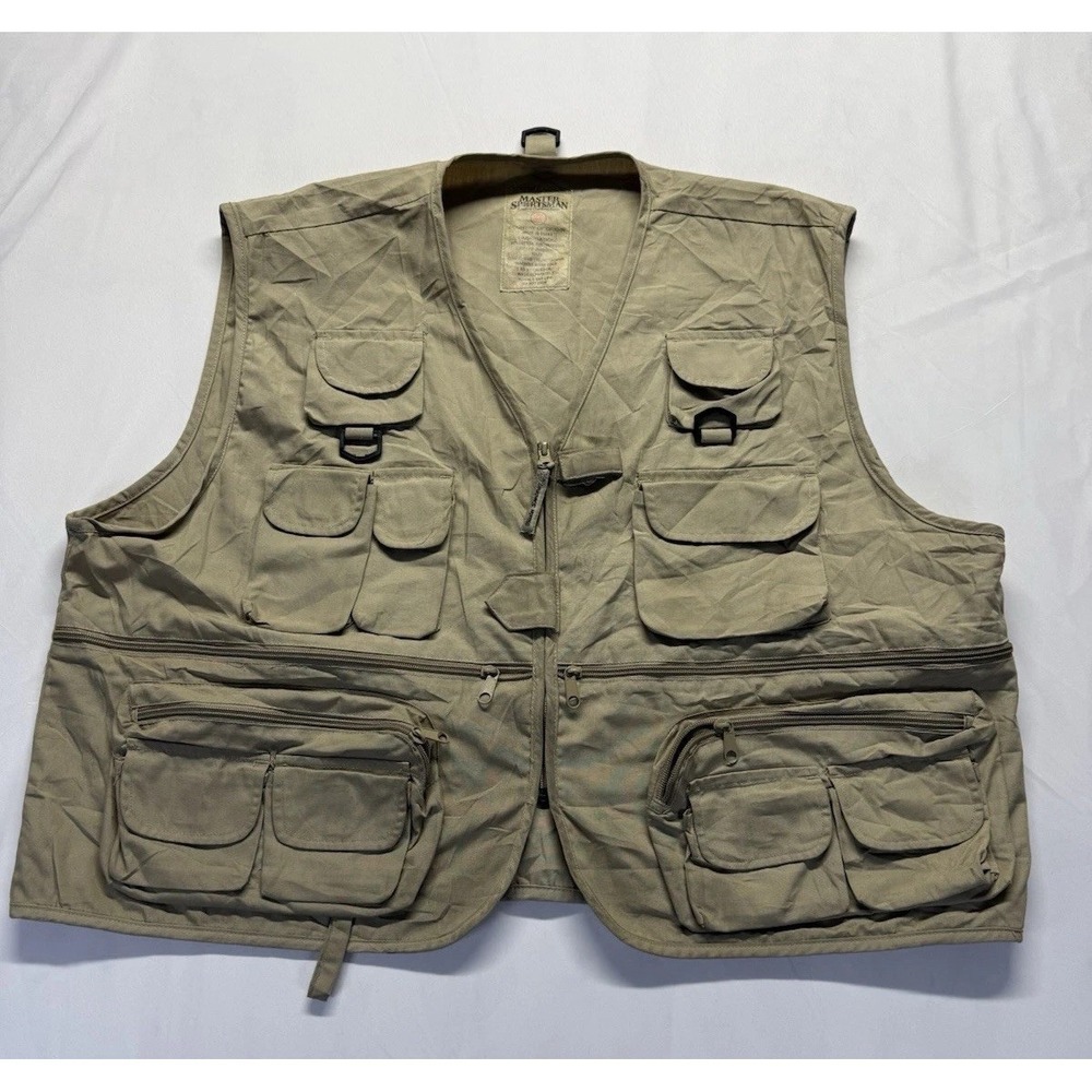 Master Sportsman Fishing Vest 2XL Beige‎ Utility Hiking Travel Multi Pocket Zip